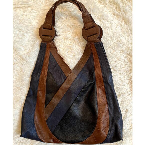 T Tahari Handbags - T Tahari Black Leather Hobo Bag with Brown Handles
